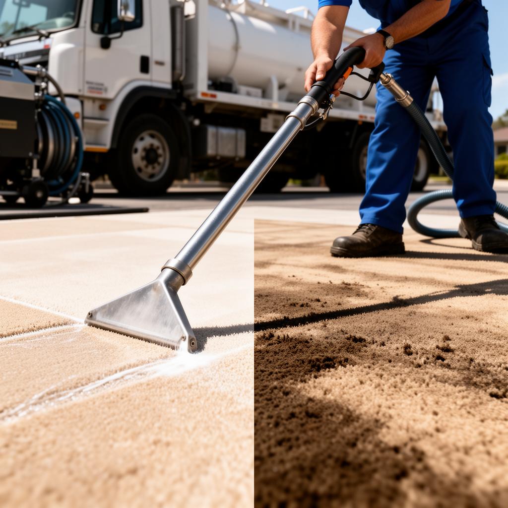 Truck-mounted carpet cleaning showing dramatic before-and-after results